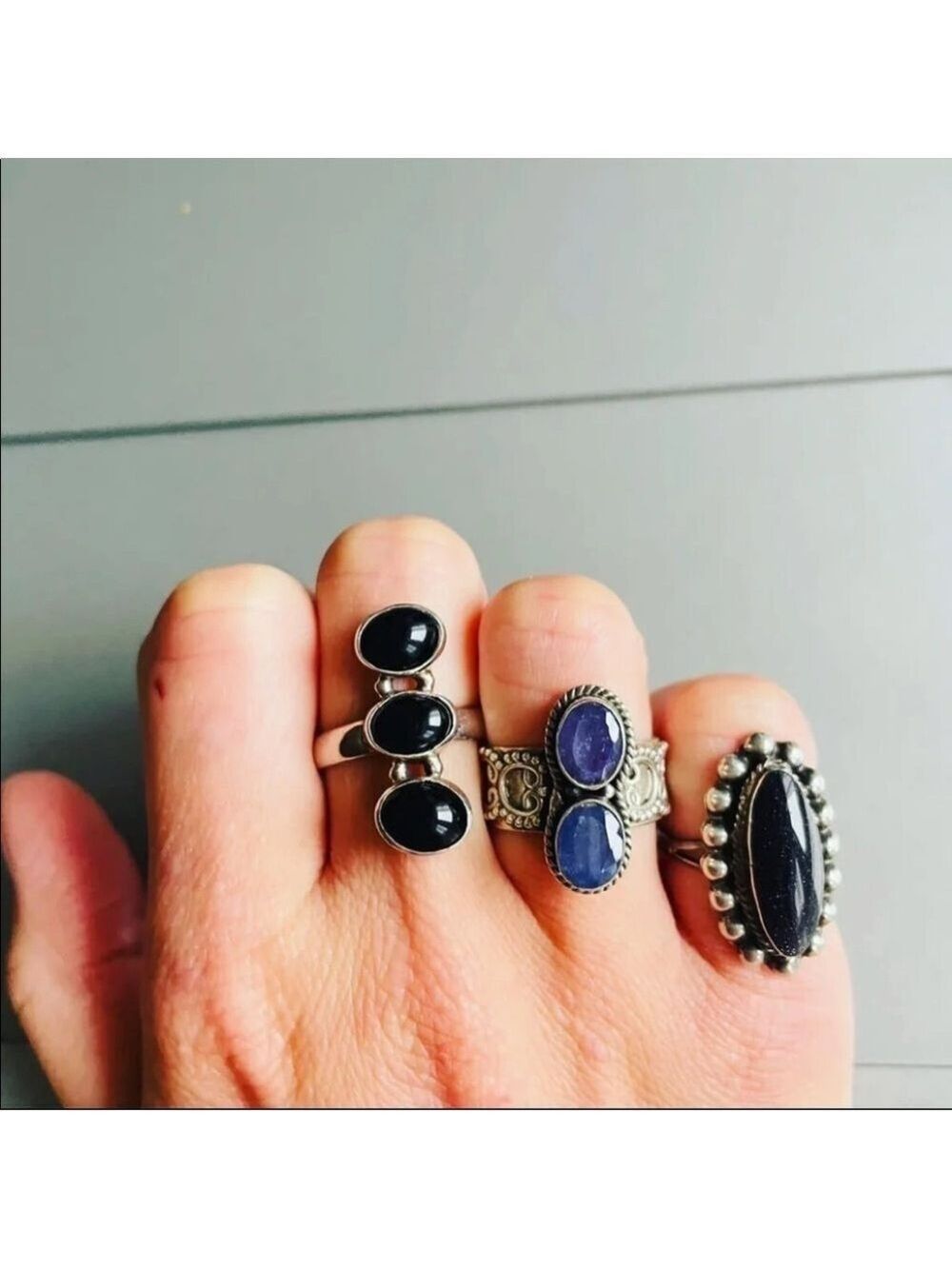 Onyx, tanzanite, black goldstone sterling silver rings